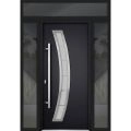 Front Exterior Prehung Steel Door / Deux 6500 White / 2 Sidelight and Transom Window / Stainless Inserts Single Modern Painted-W12+36+12" x H80+16"-Right-hand Inswing Black
