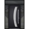 Front Exterior Prehung Steel Door / Deux 6500 Black / 2 Sidelight and Transom Window / Stainless Inserts Single Modern Painted-W14+36+14" x H80+16"-Left-hand Inswing Black