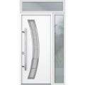 Front Exterior Prehung Steel Door / Deux 6500 Black / Sidelight and Transom Window / Stainless Inserts Single Modern Painted-W36+16" x H80+16"-Right-hand Inswing White