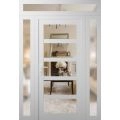 Front Exterior Prehung FiberGlass Door Clear Glass See-through / Manux 8522 Matte Black Clear Glass / 2 Sidelight and Transom Window / Office Commercial and Residential Doors Entrance Patio Garage-W12+36+12" x H80+14"-Right-hand Inswing White Silk