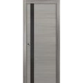 Sliding French Pocket Door with | Planum 0040 White Silk with Black Glass | Kit Trims Rail Hardware | Solid Wood Interior Bedroom Sturdy Doors Grey Oak