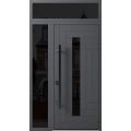 Front Exterior Prehung Steel Door / Ronex 0130 Grey / Sidelight and Transom Window Sidelite / Entry Metal Modern Painted W36+14" x H80+16" Right hand Inswing Gray