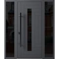 Front Exterior Prehung Steel Door / Ronex 0130 Grey / 2 Sidelight Exterior Windows Sidelites/ Entry Metal Modern Painted W12+36+12" x H80" Right hand Inswing Gray