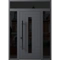 Front Exterior Prehung Steel Door / Ronex 0130 Grey / 2 Sidelight and Transom Window Sidelite / Entry Metal Modern Painted W14+36+14" x H80+16" Right hand Inswing Gray