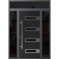 Front Exterior Prehung Steel Door / Ronex 0131 Black Enamel / 2 Sidelight and Transom Window Sidelite / Stainless Inserts Entry Metal Modern Painted W12+36+12" x H80+16" Right hand Inswing Black