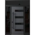 Front Exterior Prehung Steel Door / Ronex 0131 Black Enamel / 2 Sidelight and Transom Window Sidelite / Stainless Inserts Entry Metal Modern Painted W12+36+12" x H80+16" Right hand Inswing Gray