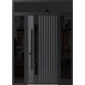 Front Exterior Prehung Steel Door / Ronex 0144 Grey / 2 Sidelight and Transom Window Sidelite / Entry Metal Modern Painted W12+36+12" x H80+16" Right hand Inswing Gray