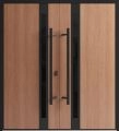 Front Exterior Prehung Aluminum Double Doors / Ronex 1033 Teak / Mirrored Clear Glass Entry Metal Modern Veneer Painted (W60" x H80") Left hand Inswing Teak