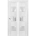 Sliding Closet Bi-fold Doors | Lucia 4070 White Silk with Frosted Glass | Sturdy Tracks Moldings Trims Hardware Set | Wood Solid Bedroom Wardrobe Doors  White