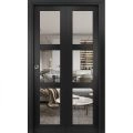 Sliding Closet Bi-fold Doors | Lucia 2555 White Silk with Clear Glass | Sturdy Tracks Moldings Trims Hardware Set | Wood Solid Bedroom Wardrobe Doors  Black Matte