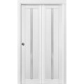 Sliding Closet Bi-fold Doors | Quadro 4112 White Silk with Frosted Glass | Sturdy Tracks Moldings Trims Hardware Set | Wood Solid Bedroom Wardrobe Doors  White