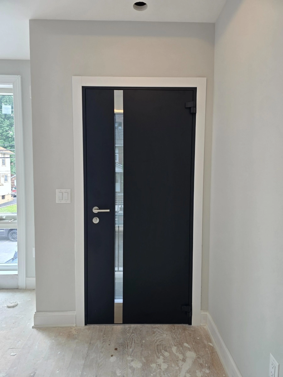 Double swing metal-aluminum modern exterior door with clear-mirrored glass | Cynex 6777 Black Enamel | 96 x 108 (12+72+12 x 96+12) photo#14