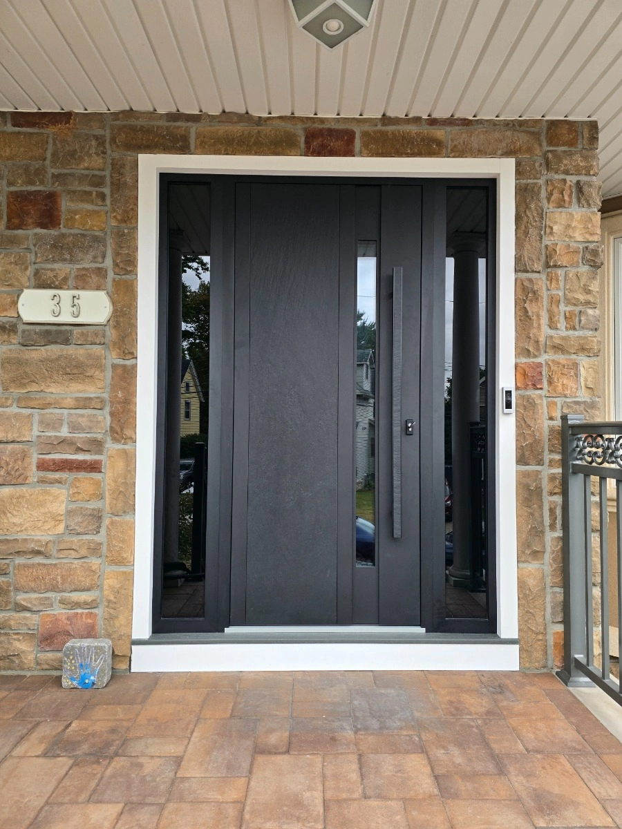 Double swing metal-aluminum modern exterior door with tinted clear-mirrored glass | Dekton 0163 Ardesia Nero | 72 x 80 (72 x 80) photo#14