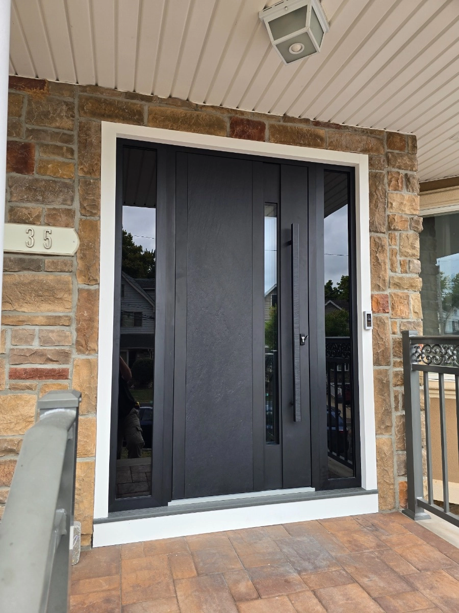 Double swing metal-aluminum modern exterior door with tinted clear-mirrored glass | Dekton 0163 Ardesia Nero | 72 x 80 (72 x 80) photo#13
