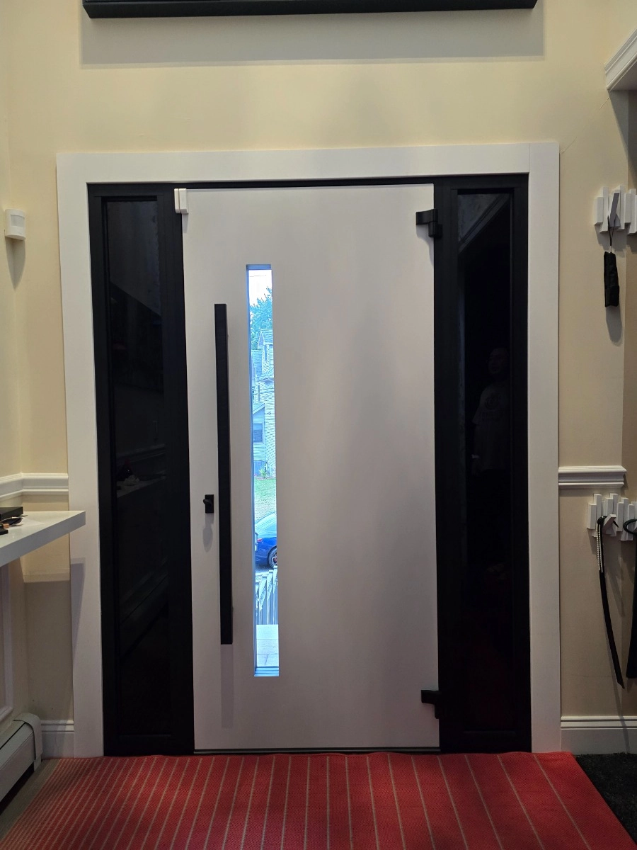 Double swing metal-aluminum modern exterior door with tinted clear-mirrored glass | Dekton 0163 Ardesia Nero | 72 x 80 (72 x 80) photo#15