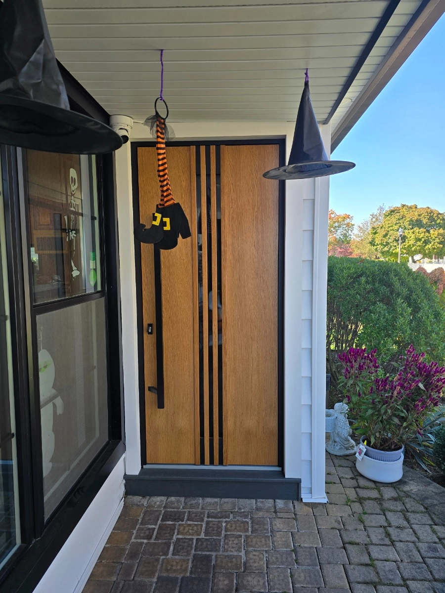 Single swing metal-aluminum modern exterior door with triplex | Ronex 1055 Oak | 60 x 80 photo#10