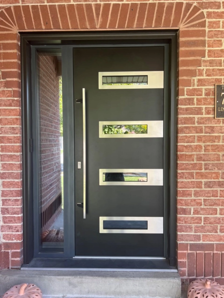 Single swing metal-aluminum modern exterior door with triplex | Ronex 0131 Gray | 36 x 112 (W36 x H96+16) photo#22