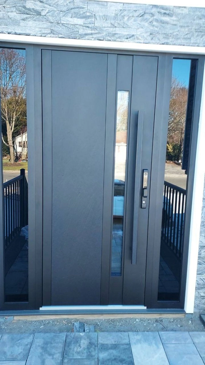Double swing metal-aluminum modern exterior door with tinted clear-mirrored glass | Dekton 0163 Ardesia Nero | 72 x 80 (72 x 80) photo#11