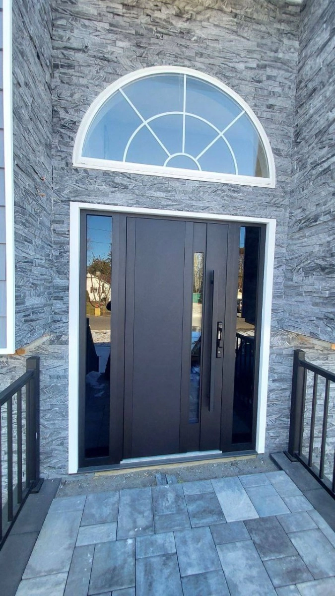 Double swing metal-aluminum modern exterior door with tinted clear-mirrored glass | Dekton 0163 Ardesia Nero | 72 x 80 (72 x 80) photo#10