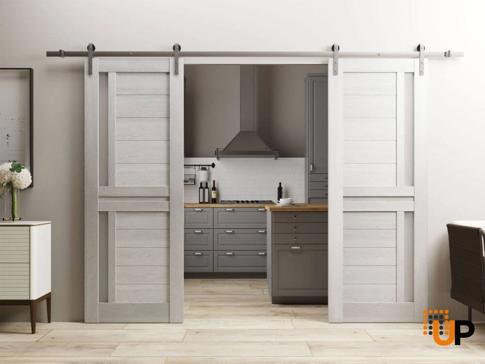 Photo of Sturdy Double Barn Door | Veregio 7288 Light Grey Oak with Frosted Glass | Silver 13FT Rail Hangers Heavy Set | Solid Panel Interior Doors