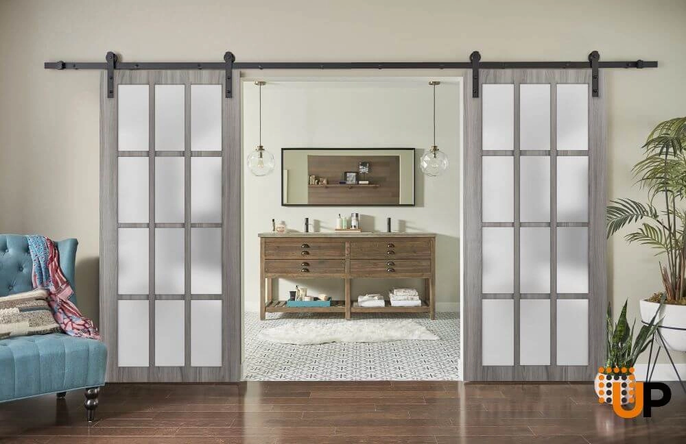 Photo of Modern Double Barn Door 36" x 80" inches / Mela 7001 Painted Creamy / 13FT Rail Track Set / Solid Panel Interior Doors
