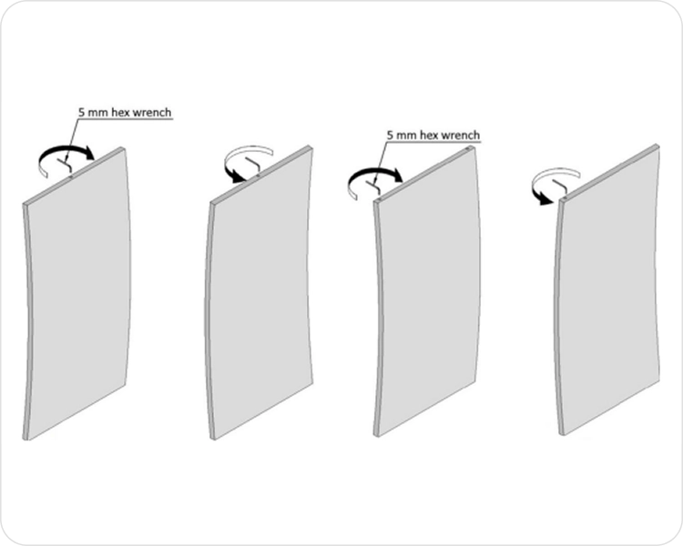 Door slab alignment using top/bottom edge screws (5 mm hex wrench)
