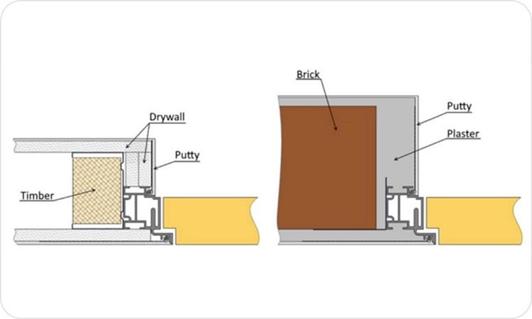 Recommended joint detail: drywall construction (left) and brick/masonry construction (right)