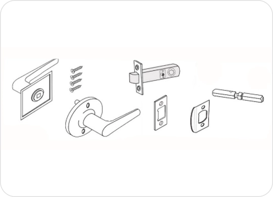 Door latch, handle set and strike plate (Configuration A/B)