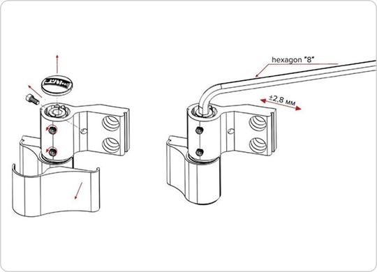 Horizontal adjustment — hexagon 8, ±2.8 mm (±7/64")