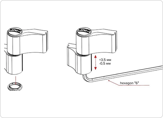 Vertical adjustment — hexagon 6, +3.5 / −0.5 mm (+9/64" / −1/64")