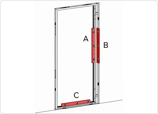 Alignment checks — vertical (A), tilt (B), horizontal (C)