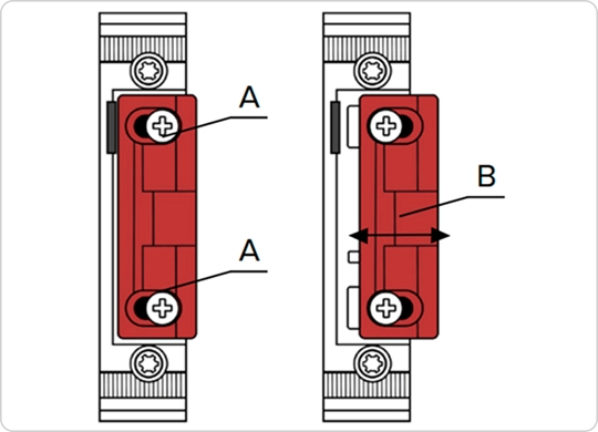 Latch striker adjustment — screws (A), latch plate (B)