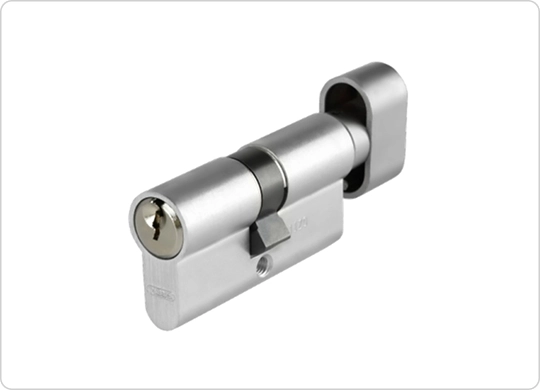 Euro-profile key-and-knob cylinder — key side (exterior) and thumbturn (interior).