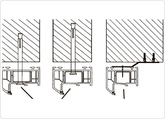 Frame fixing methods — dowel fixing (left, center) and bottom anchor plates (right).