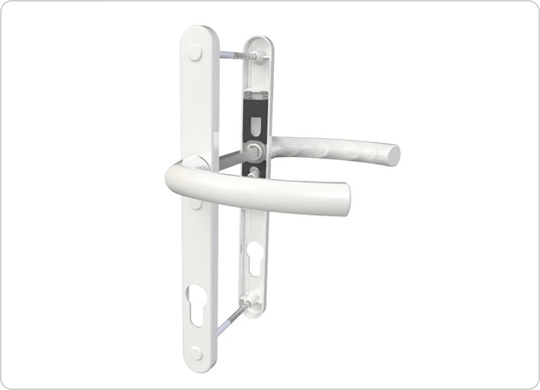 Handle assembly — spindle, backplate, lever, and mounting screws.