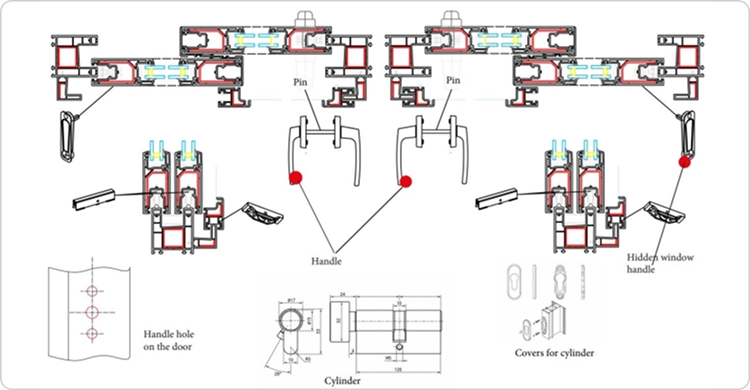 Handle and cylinder installation — pin position, cylinder insertion and covers
