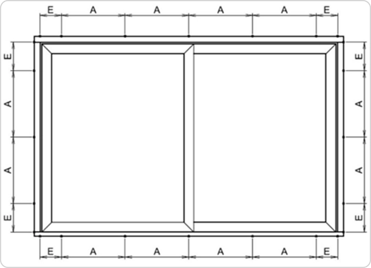 Fastening point layout — A: ~27.5" (700 mm) between fasteners; E: ~5.9" (150 mm) from corner