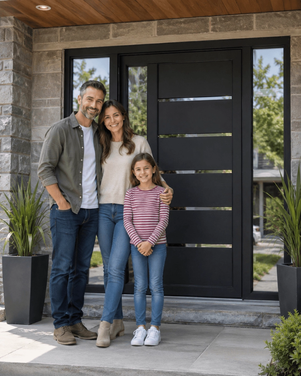 Family standing at the entrance of their home in front of a new matte black uPVC front door with sidelights and a stone brick facade | United Porte