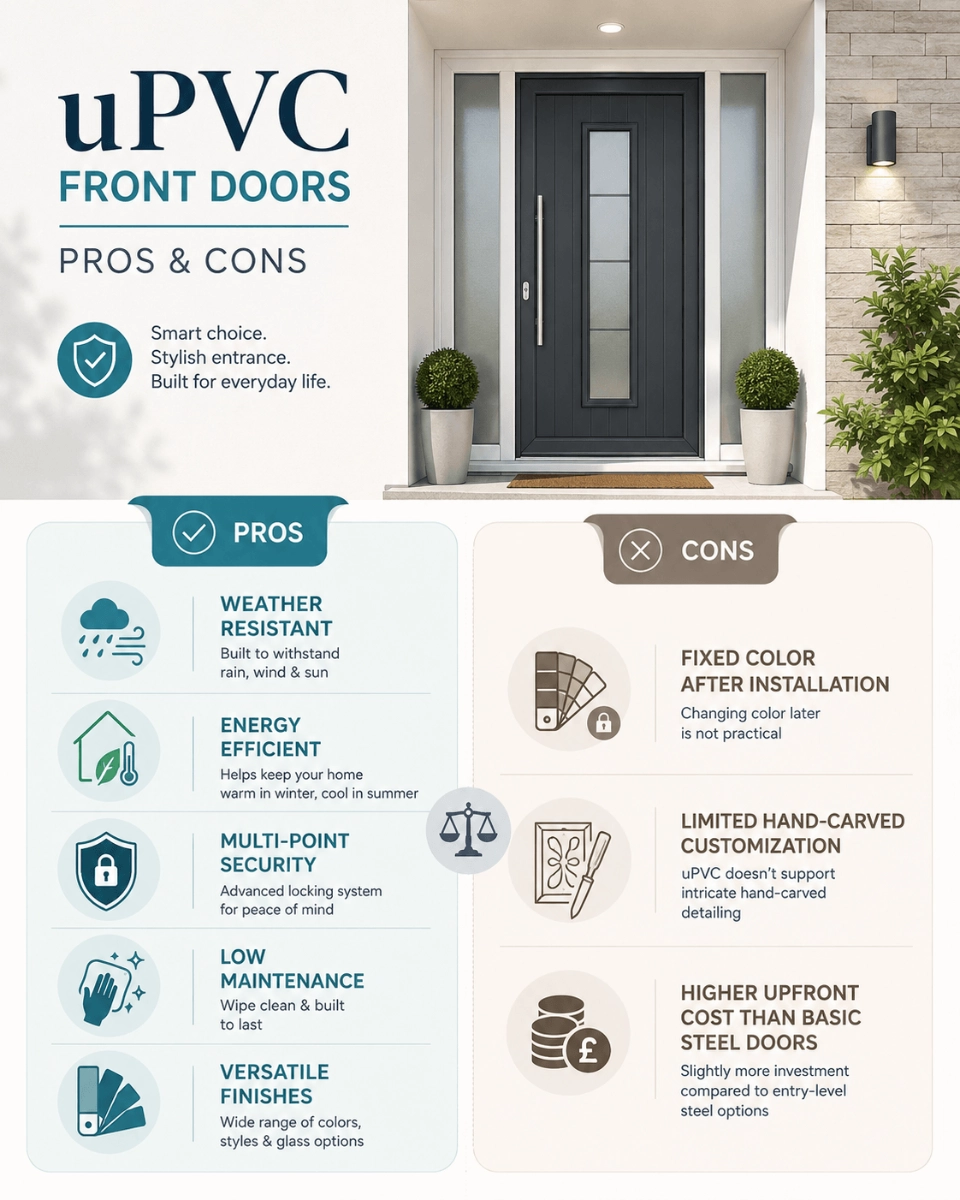 Infographic of uPVC front doors pros and cons: weather resistance, energy efficiency, multi-point security, low maintenance, and versatile finishes versus fixed color, limited hand-carved customization, and higher upfront cost than basic steel doors | United Porte