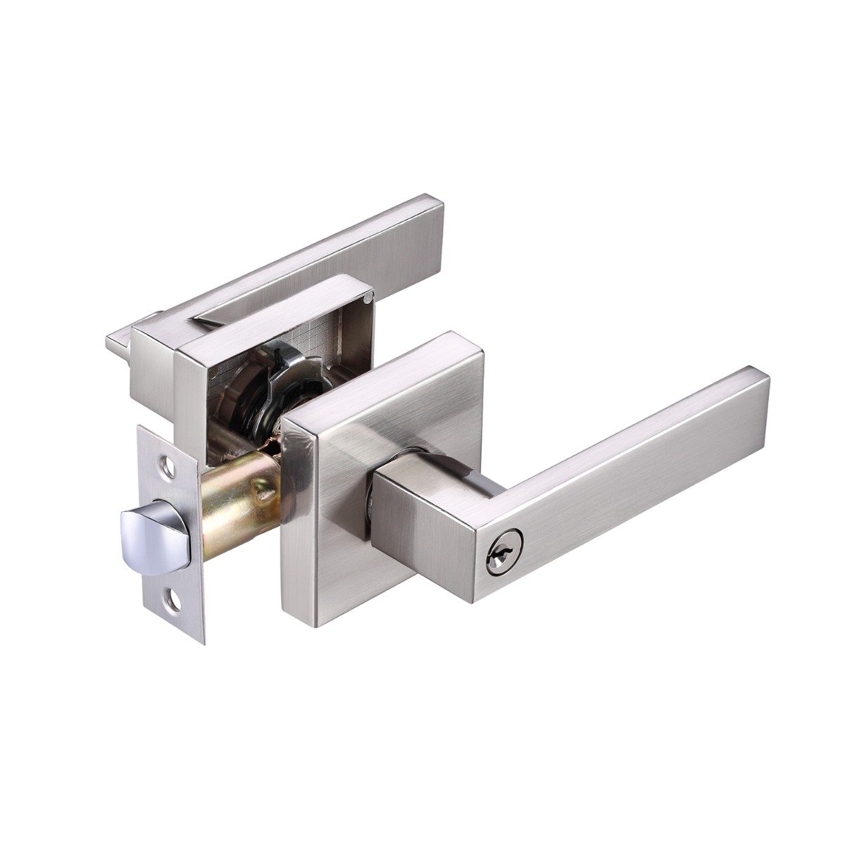 Modern Square Handle - Brushed Nickel (Standard (USA)) || Solid French Door | Quadro 4266 White Silk with Frosted Glass | Single Regular Panel Frame Trims Handle | Bathroom Bedroom Sturdy Doors 