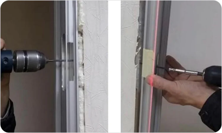 Fastening through the profile at hinge location (left) and lock location (right)