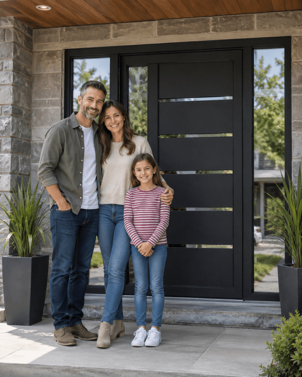 Family standing at the entrance of their home in front of a new matte black uPVC front door with sidelights and a stone brick facade | United Porte